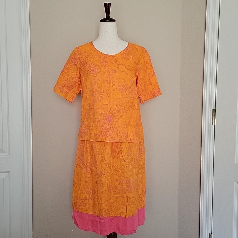 FLAX 2 Piece Skirt Set Womens Sz S Linen Floral Orange Pink Career Tropical Boho